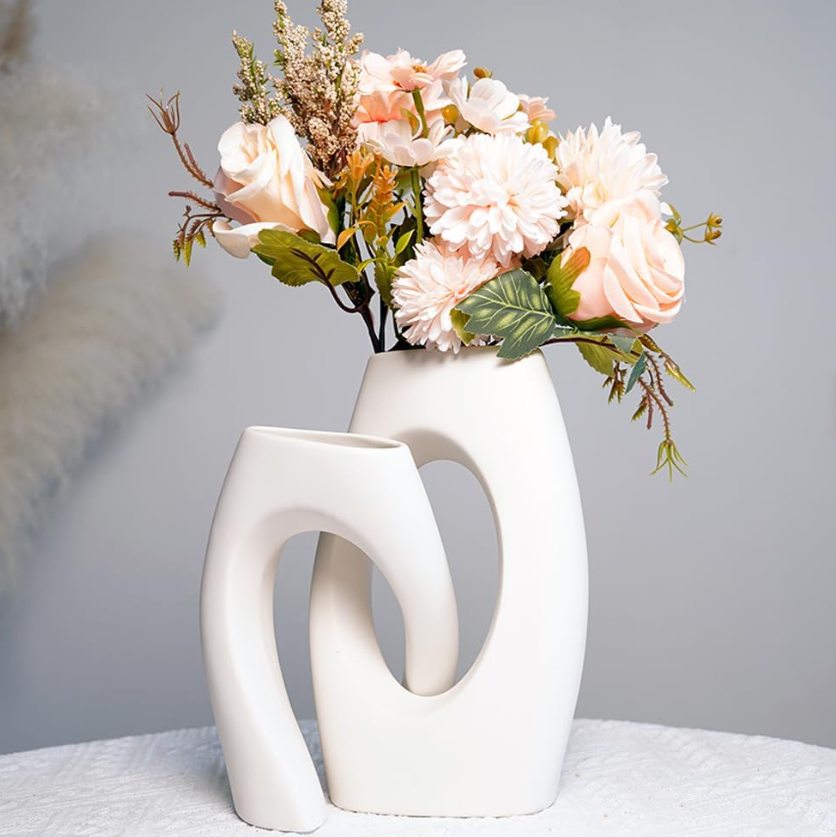 Two-Piece Round Hollow Ceramic Vases With Artificial Champagne Blooms, Simple Contemporary Interior Ornaments For Indoor Space, Party And Housewarming Presents