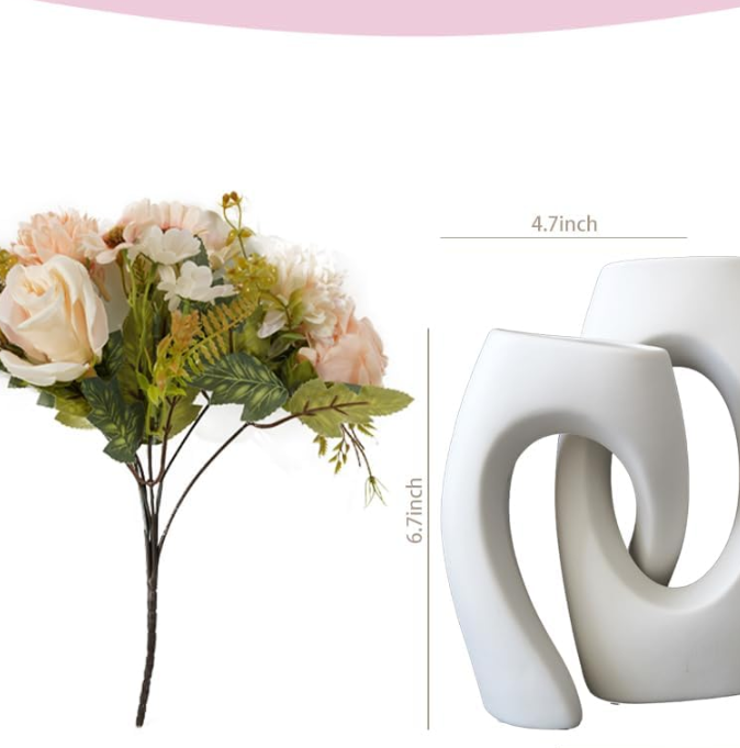 Two-Piece Round Hollow Ceramic Vases With Artificial Champagne Blooms, Simple Contemporary Interior Ornaments For Indoor Space, Party And Housewarming Presents - Image 2