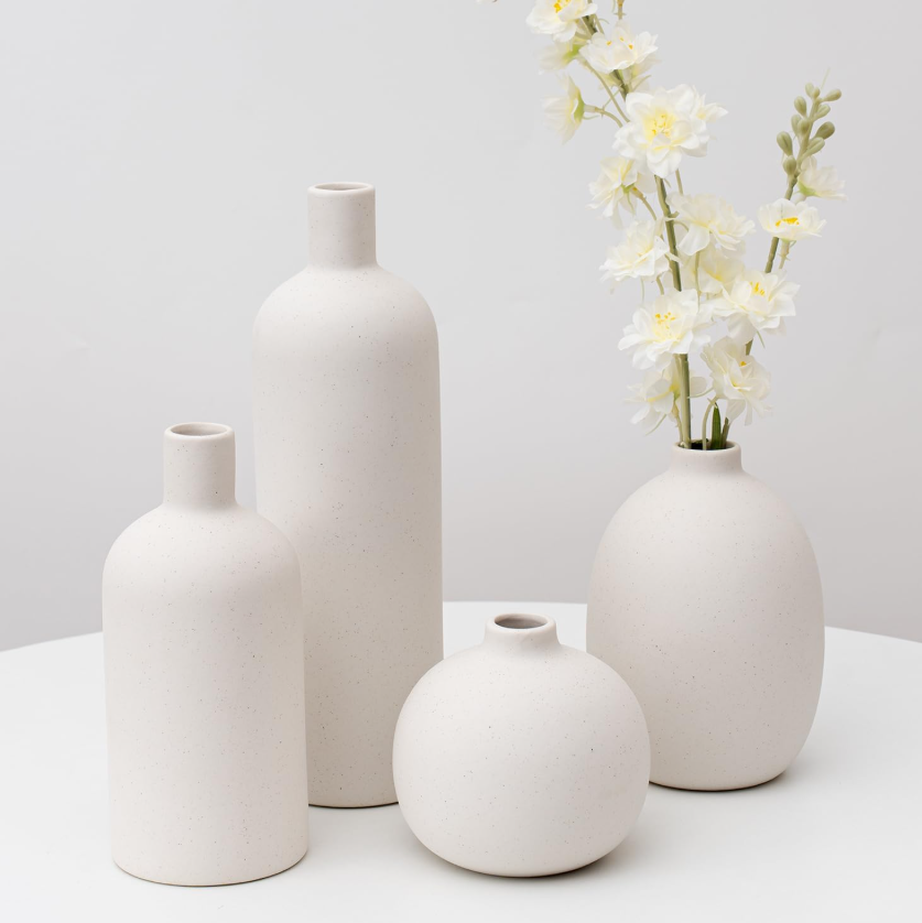 Four-Piece Solid White Ceramic Vase Collection, Clean Minimalist Style Display Jars For Fresh Bouquets And Reed Grass, Matches Desktop, Fireplace Ledge, Bookcase And Bedroom Decor