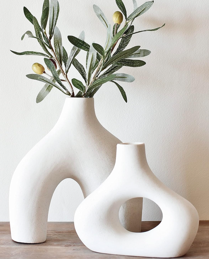Two-Piece Large Round Hollow Ceramic Vessels, Light Northern Simple Style Display Jars Fit For Olive Branches, Desktop Core Decor For Living Area, Bookcase, Workspace And Lobby Cabinet