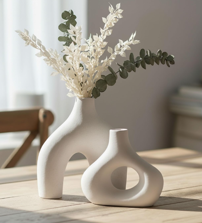 Two-Piece Large Round Hollow Ceramic Vessels, Light Northern Simple Style Display Jars Fit For Olive Branches, Desktop Core Decor For Living Area, Bookcase, Workspace And Lobby Cabinet - Image 2