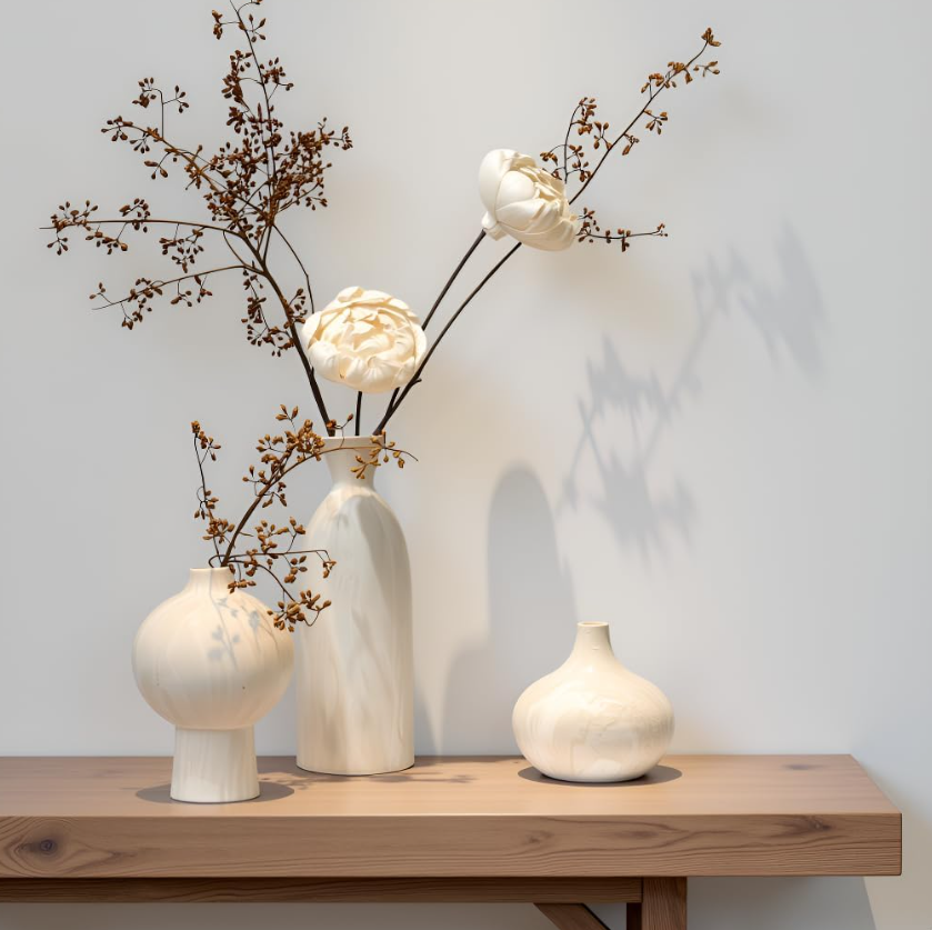Three-Piece Beige Textured Ceramic Vase Pack With Stone Effect Surface, Muted Simple Display Containers For Bookcase Storage, Works With Fresh Blooms And Reed Grass