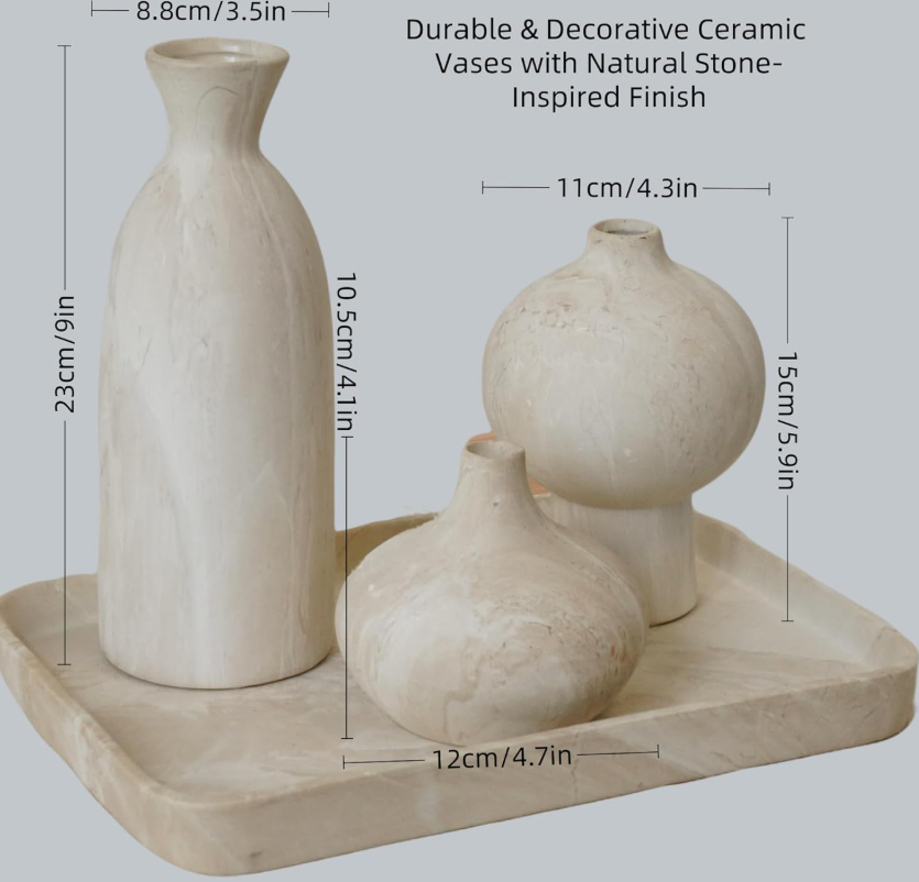 Three-Piece Beige Textured Ceramic Vase Pack With Stone Effect Surface, Muted Simple Display Containers For Bookcase Storage, Works With Fresh Blooms And Reed Grass - Image 2