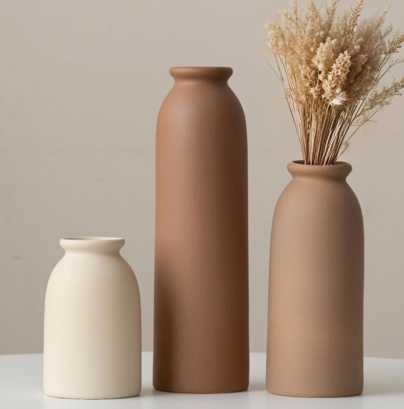 Three-Piece Medium Height Ceramic Vase Group, Light Northern Casual Country Style White And Coffee Toned Display Jars For Indoor Ornament
