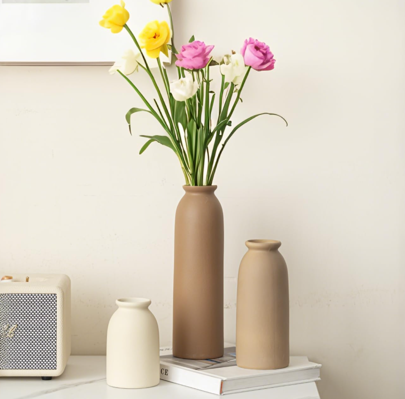 Three-Piece Medium Height Ceramic Vase Group, Light Northern Casual Country Style White And Coffee Toned Display Jars For Indoor Ornament - Image 2