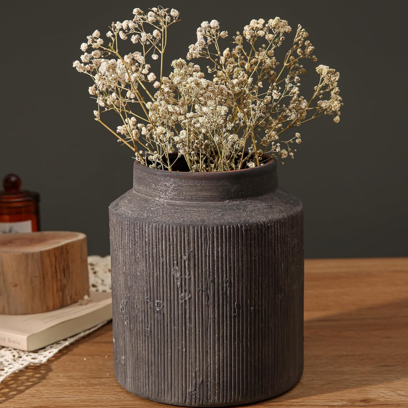 Single Rough Textured Ceramic Display Jar, Earth Tone Desktop Flower Vessel For Dining Space Interior Layout