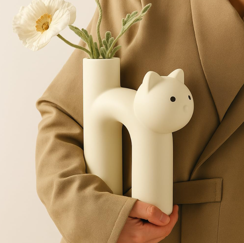 Cartoon Cat Shaped Small Ceramic Bloom Vessel, Compact Desk Ornament For Home And Workspace, Simple Container For Dried Foliage, Lovely Gift Option
