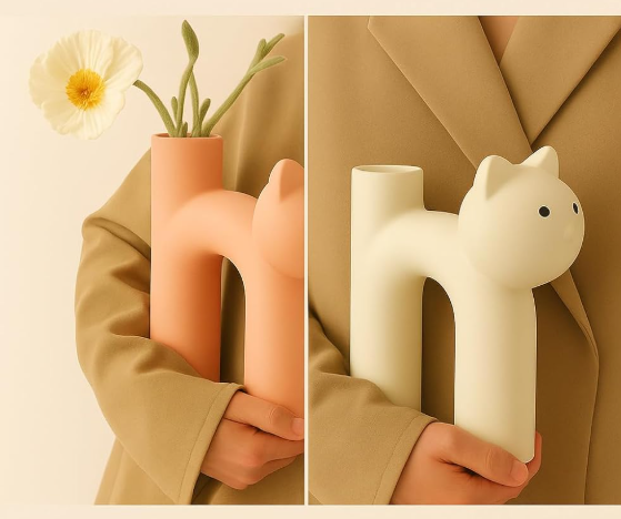 Cartoon Cat Shaped Small Ceramic Bloom Vessel, Compact Desk Ornament For Home And Workspace, Simple Container For Dried Foliage, Lovely Gift Option - Image 2