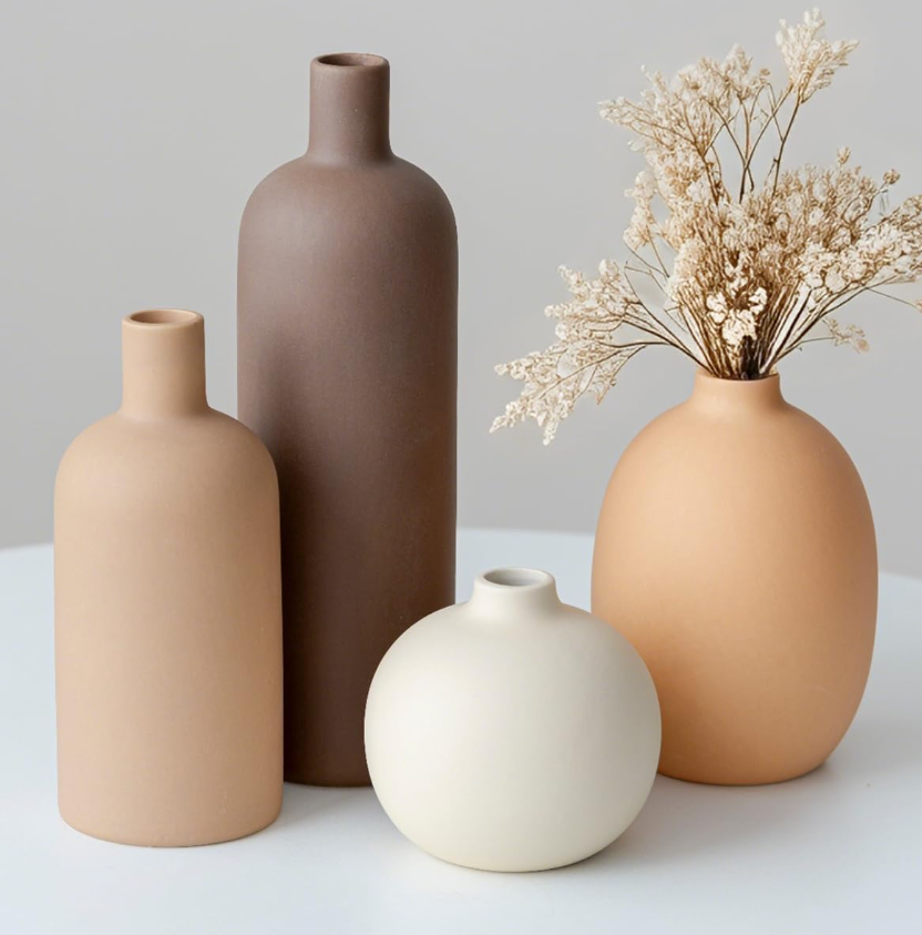 Four-Piece Neutral Tone Ceramic Vase Set, Gentle Simple Shelf Display Containers, Fine Present Choice For Female Relatives And Friends