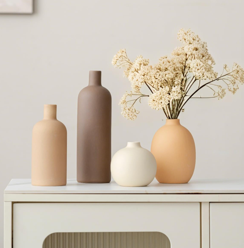 Four-Piece Neutral Tone Ceramic Vase Set, Gentle Simple Shelf Display Containers, Fine Present Choice For Female Relatives And Friends - Image 2