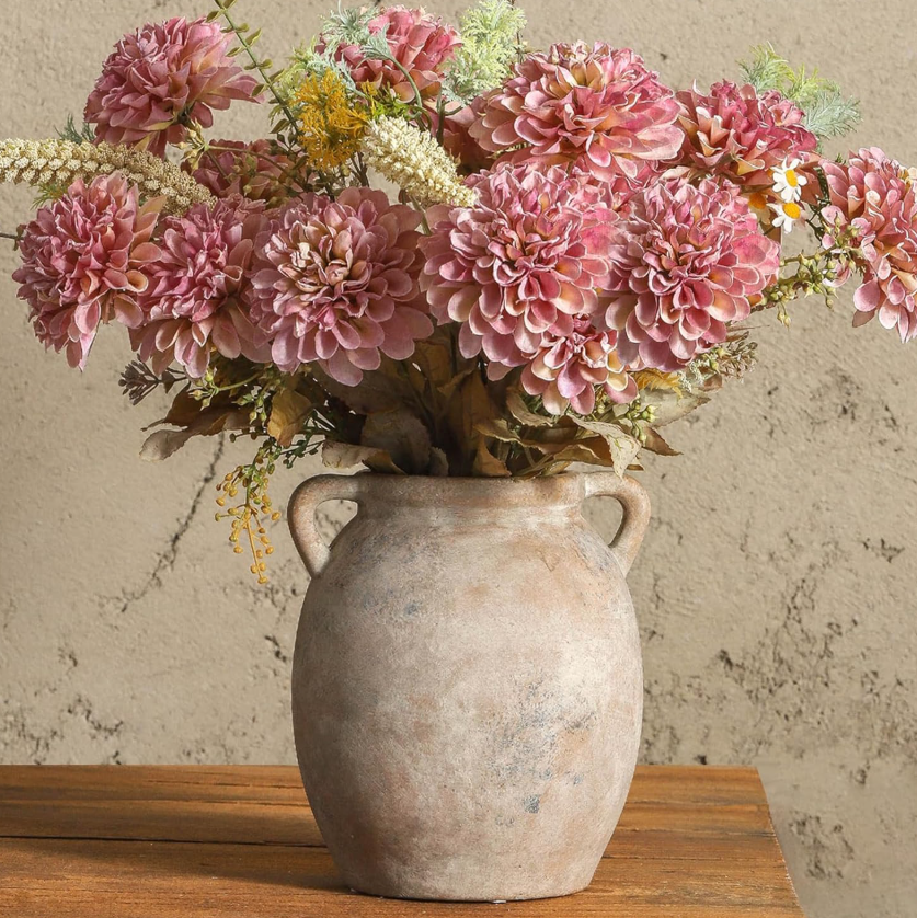 Medium Height Distressed Coating Ceramic Bloom Vessel, Retro Country Earth Tone Display Jar For Desktop, Fireplace, Living Area, Washroom And Wedding Center Layouts