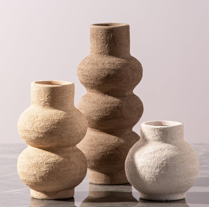 Three-piece multi-scene ceramic flower jar collection, blended modern rustic countryside design, decorative focal pieces for living areas, kitchens, restrooms and office desks