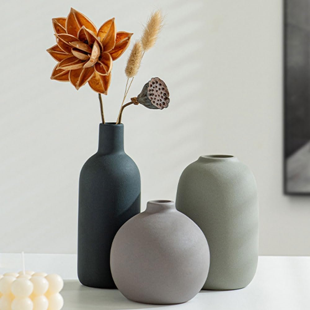 Three-pack petite plain ceramic bud containers, gentle casual aesthetic, flexible adornments for desks, shelves, fireplace mantels and book storage in neutral blended hues