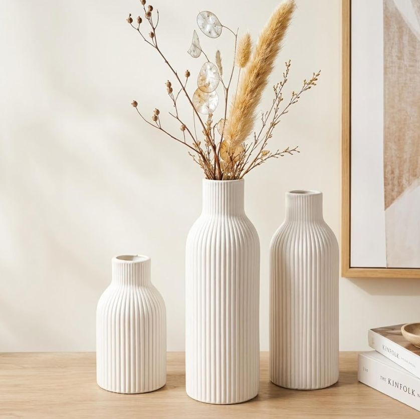 Three-Piece Matte Vertical Striped Ceramic Vase Pack, Light Northern Casual Style Display Jars For Reed Grass, Elegant Desktop Core Ornament For Indoor Shelf And Fireplace Ledge