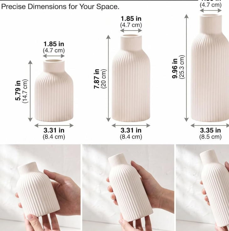 Three-Piece Matte Vertical Striped Ceramic Vase Pack, Light Northern Casual Style Display Jars For Reed Grass, Elegant Desktop Core Ornament For Indoor Shelf And Fireplace Ledge - Image 2