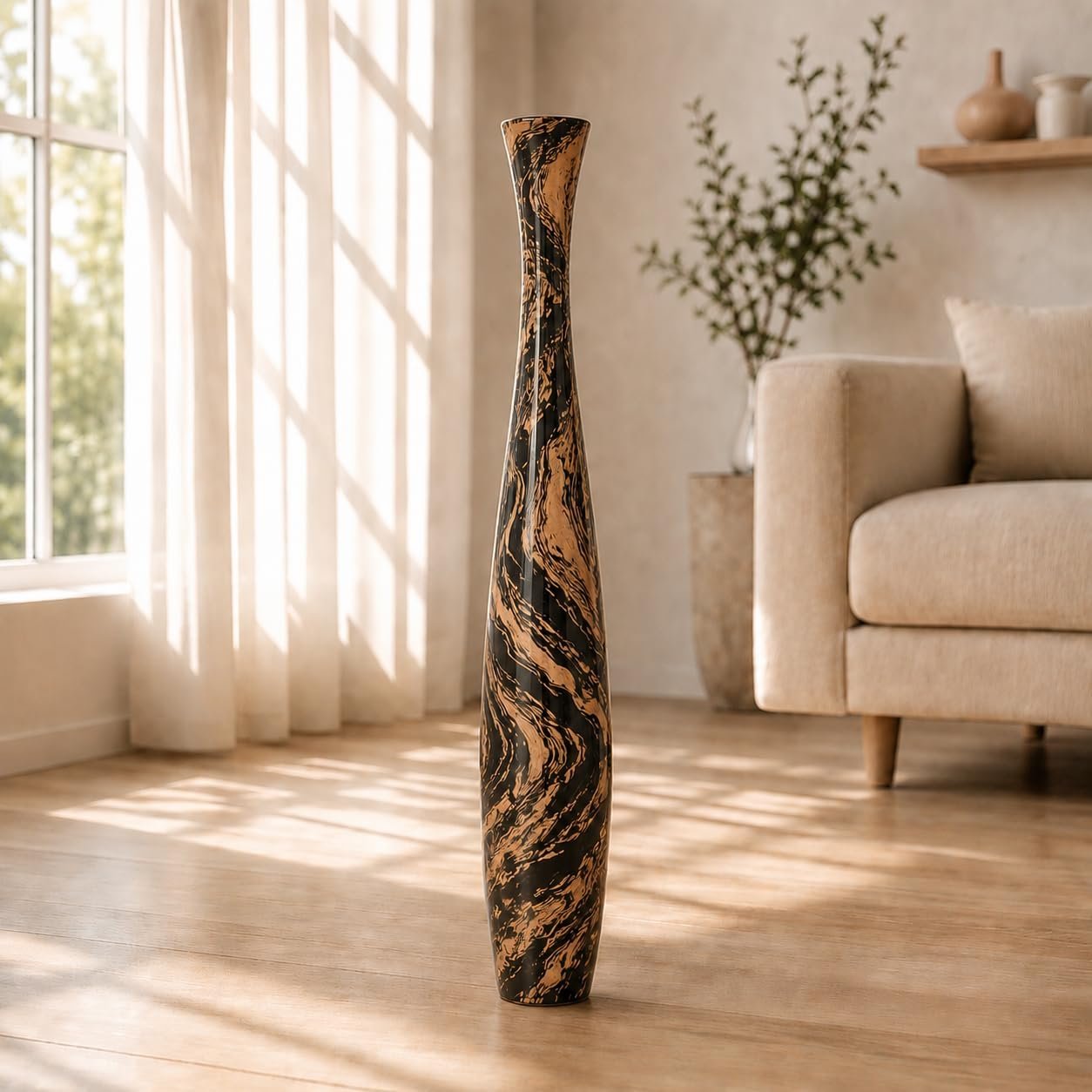 Oversized warm wooden floor bloom stand, natural light brown tone countryside decor, designed for artificial foliage and reed grass displays