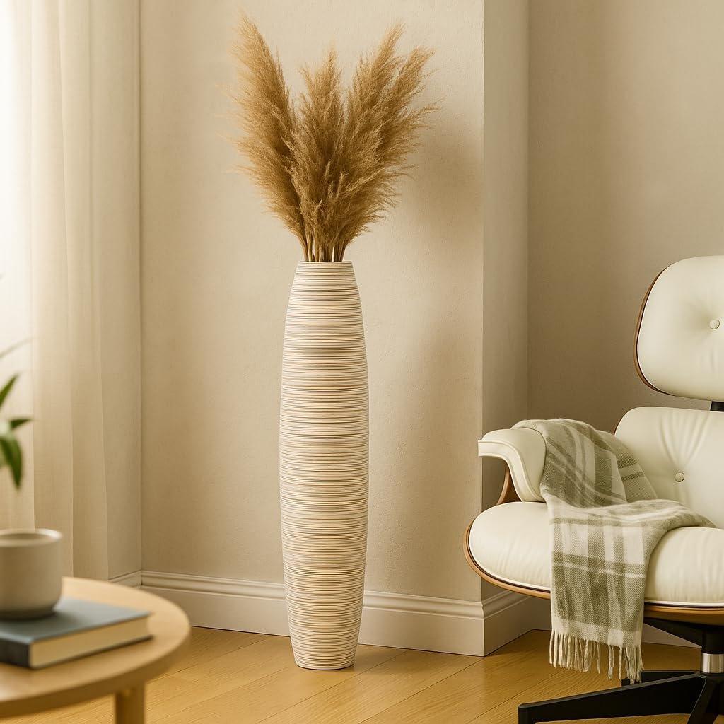 Extra tall solid wooden floor flower holder, classic countryside styling, built to hold artificial greenery and reed grass arrangements