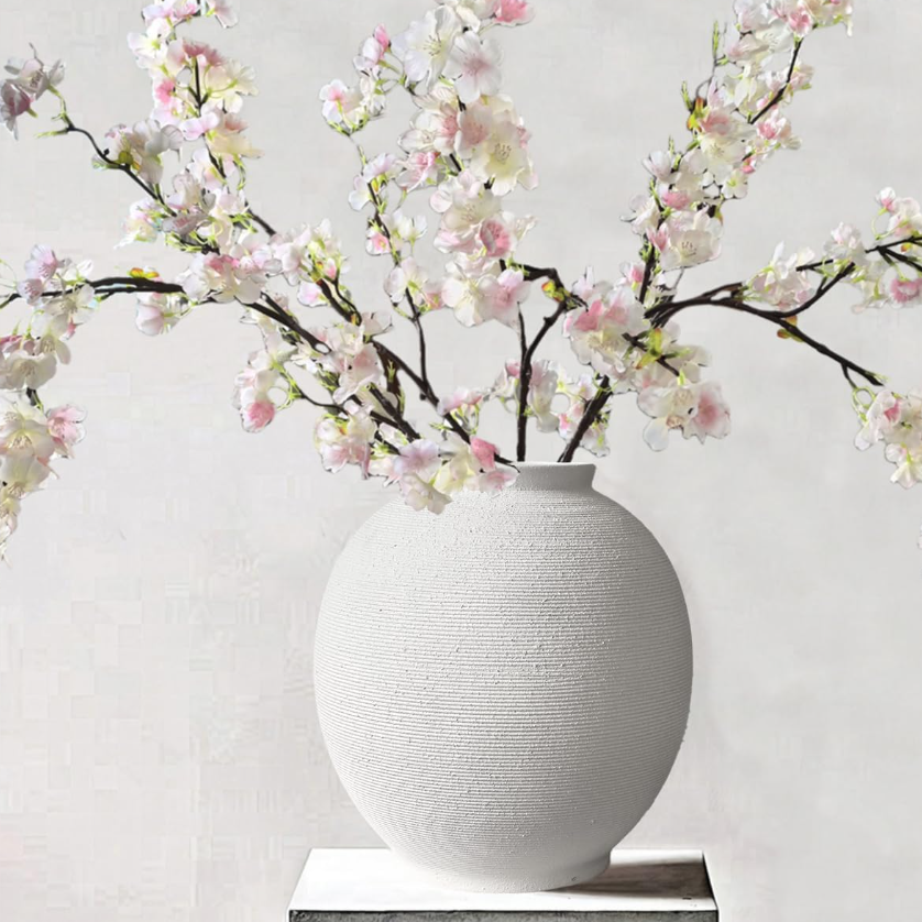 Extra Tall Round Textured Handcrafted Ceramic Floor And Desktop Vessel, Retro Country Style Living Room Ornament In Sand White Tone