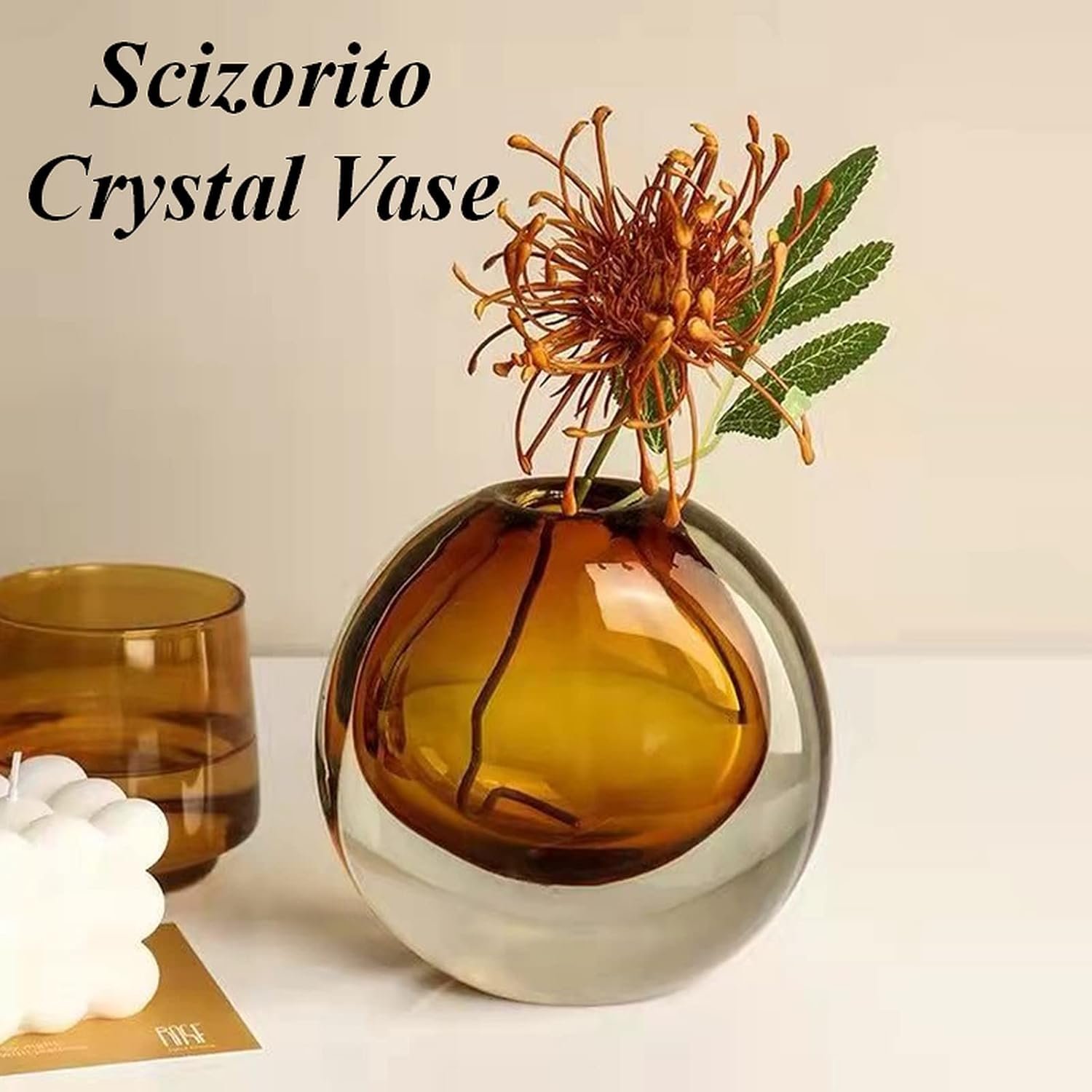 Amber tinted crystal bloom vessel, sleek understated light luxury design, fits interior focal styling, workspaces, reed grass and dried flower displays - Image 2