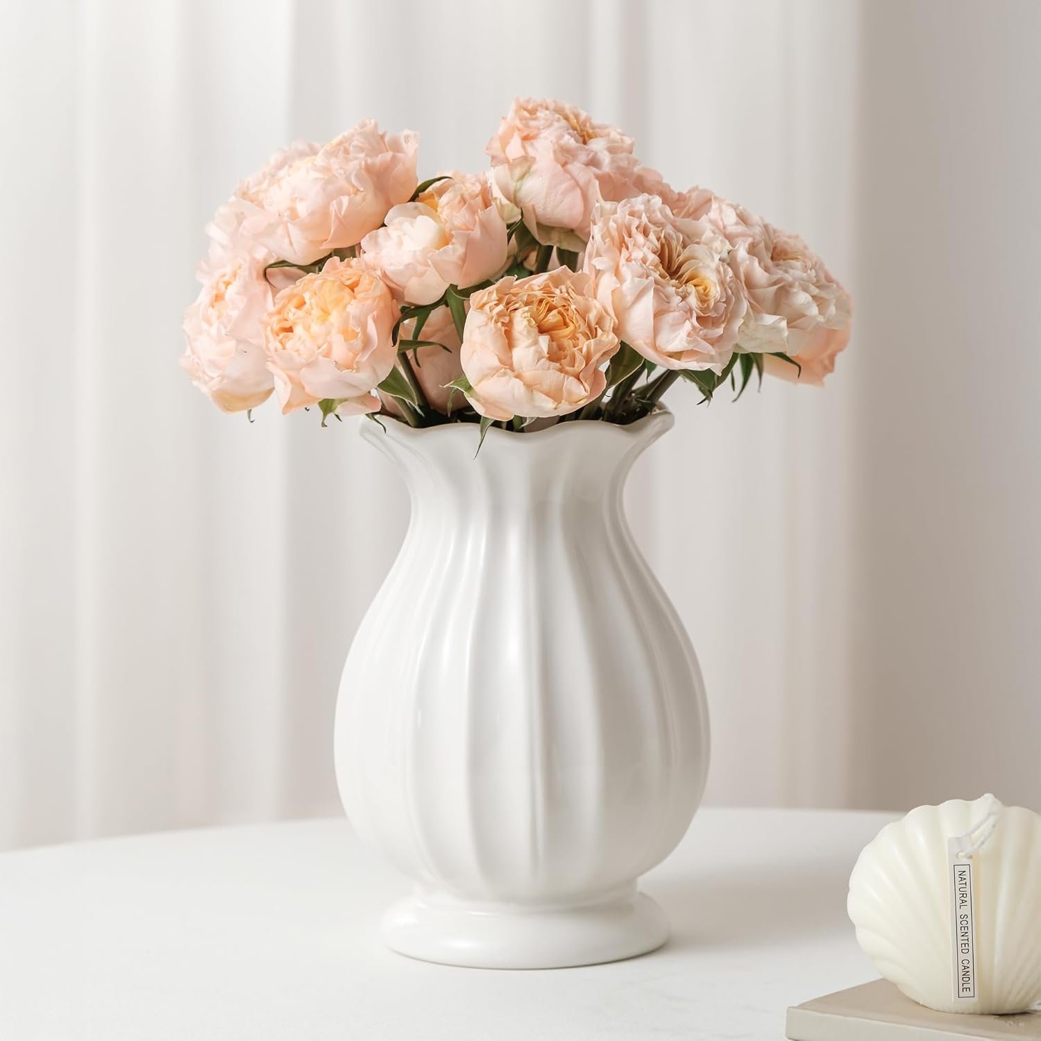 Medium-height solid white ceramic flower jar, distinctive shaped bloom holder for bouquets, countryside interior adornment for cabinets, tabletops and event layouts