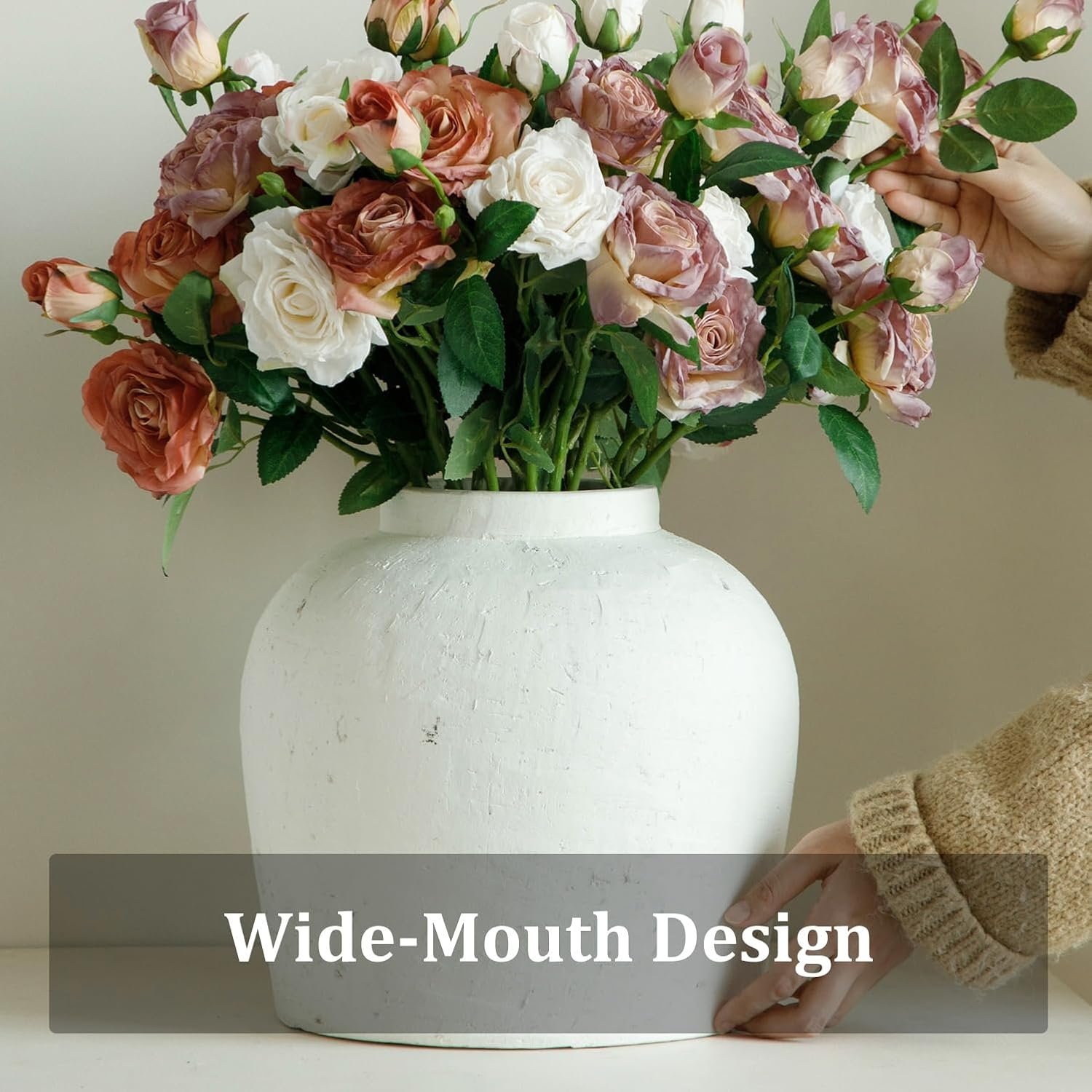 Tall handmade terracotta ceramic bloom vessel, textured countryside rustic white finish, decorative center holder for lounge and bedroom tabletops - Image 2