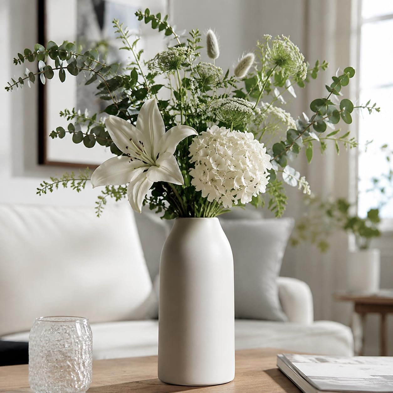 Tall matte solid white ceramic flower vessel, streamlined contemporary design, decorative focal piece for living room tabletops - Image 2