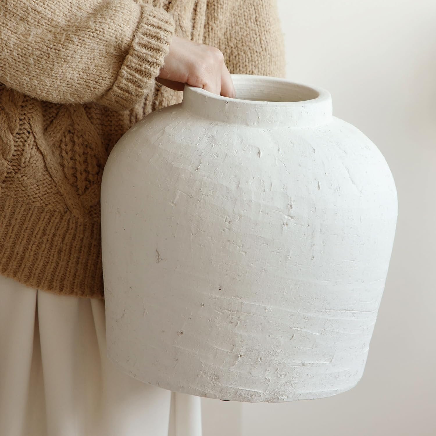Tall handmade terracotta ceramic bloom vessel, textured countryside rustic white finish, decorative center holder for lounge and bedroom tabletops