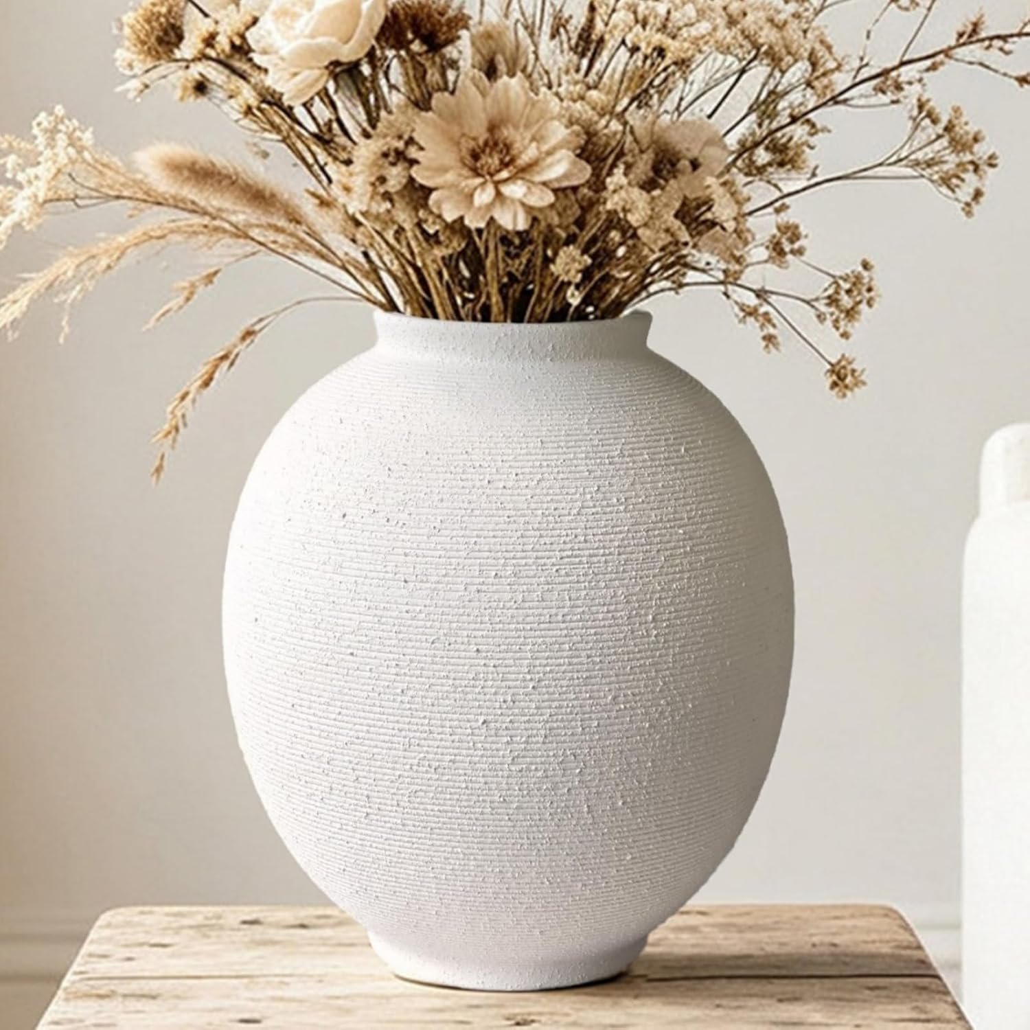 Large round handmade textured white ceramic bloom container, vintage countryside ornament for living rooms, entryways, kitchens and bedrooms with sand white texture