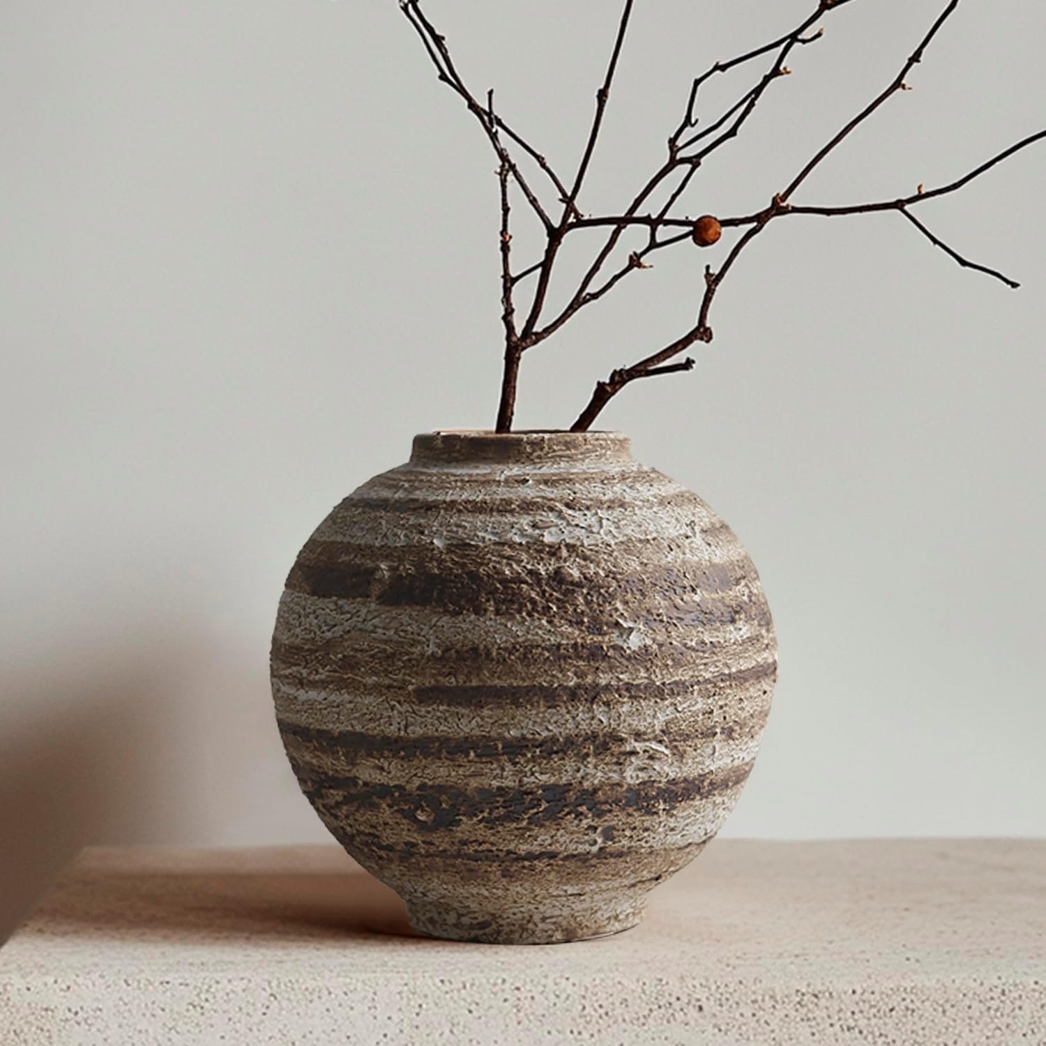 Compact textured countryside ceramic bloom jar, casual style display vessel for tabletops, living spaces, restrooms and shelf mantel styling