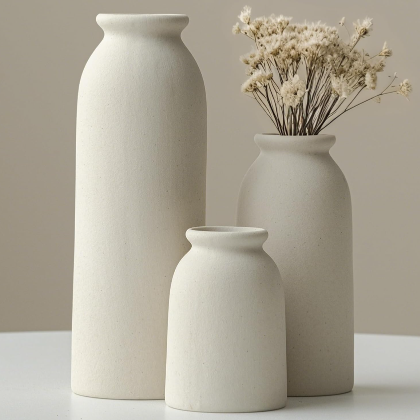 Three-Piece Distressed Surface Ceramic Vase Group, Mixed Casual Country Style Display Containers For Dried Blooms And Reed Grass In Cream Shade