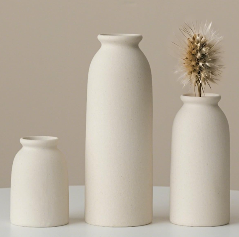 Three-Piece Distressed Surface Ceramic Vase Group, Mixed Casual Country Style Display Containers For Dried Blooms And Reed Grass In Cream Shade - Image 2