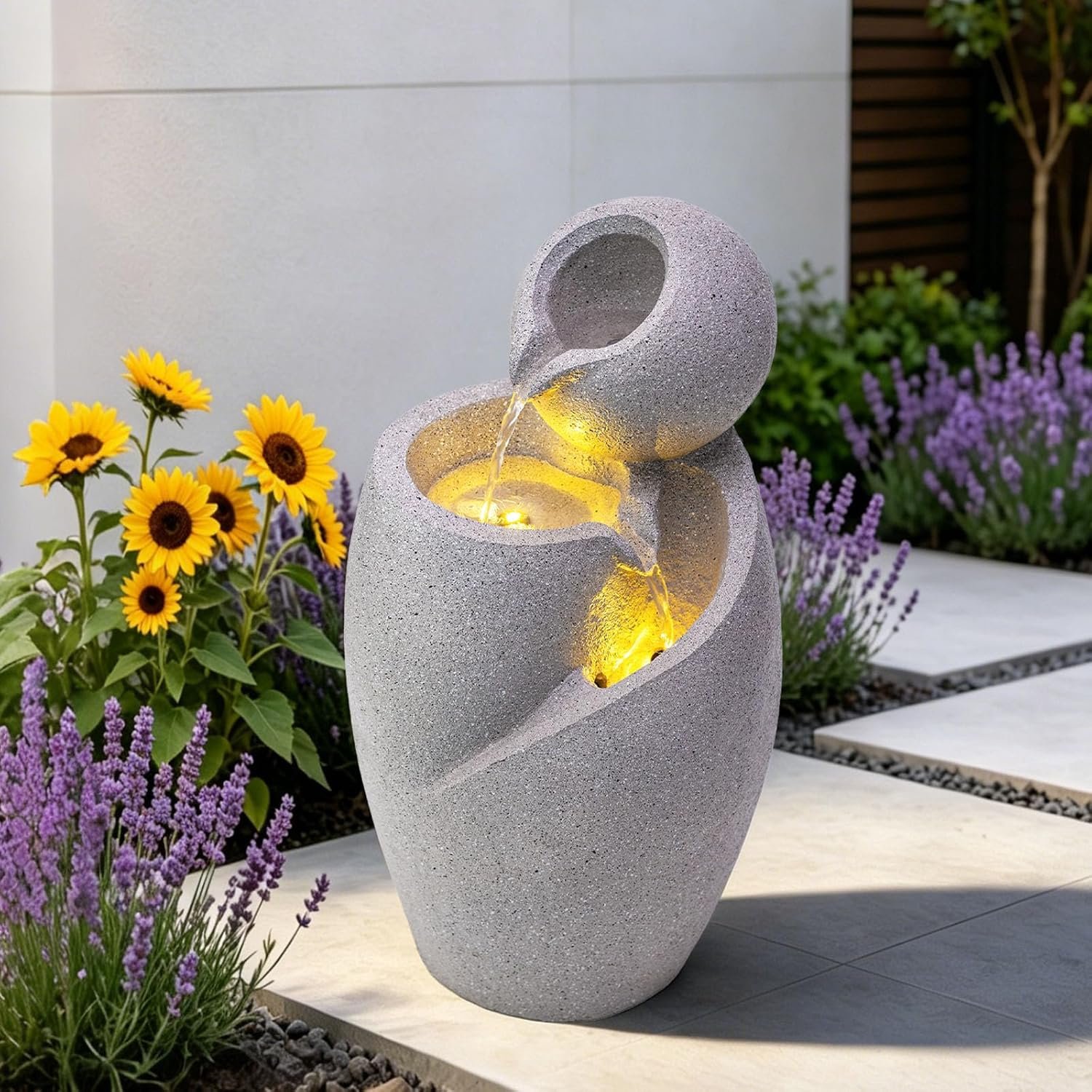 Double layer spherical resin desktop flowing water ornament with soft lighting accents, tranquil styling for indoor rooms, work areas and outdoor yard layouts