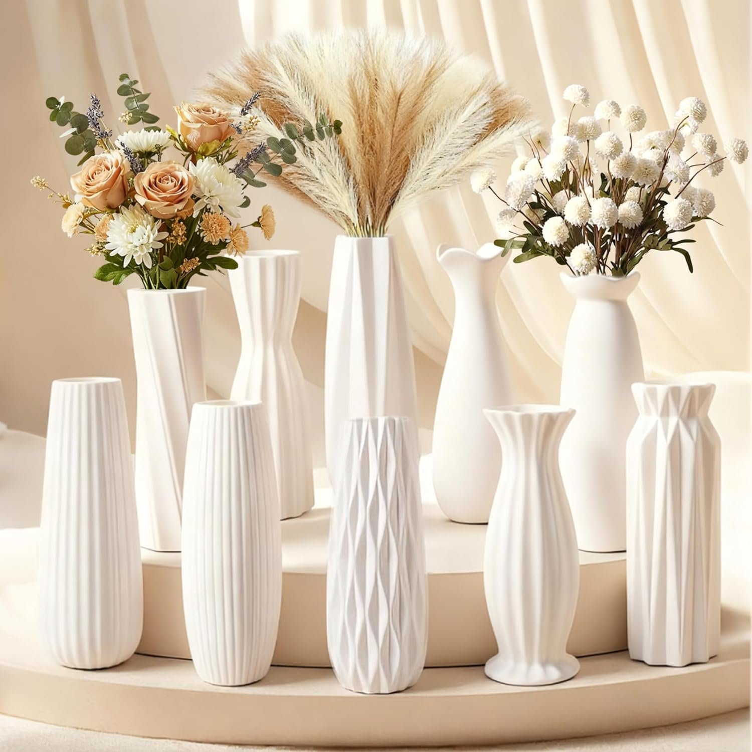 Eight-inch solid white ceramic flower jar ten-piece bundle, plain matte textured holders perfect for interior styling, events, reed grass arrangements and handmade layout projects