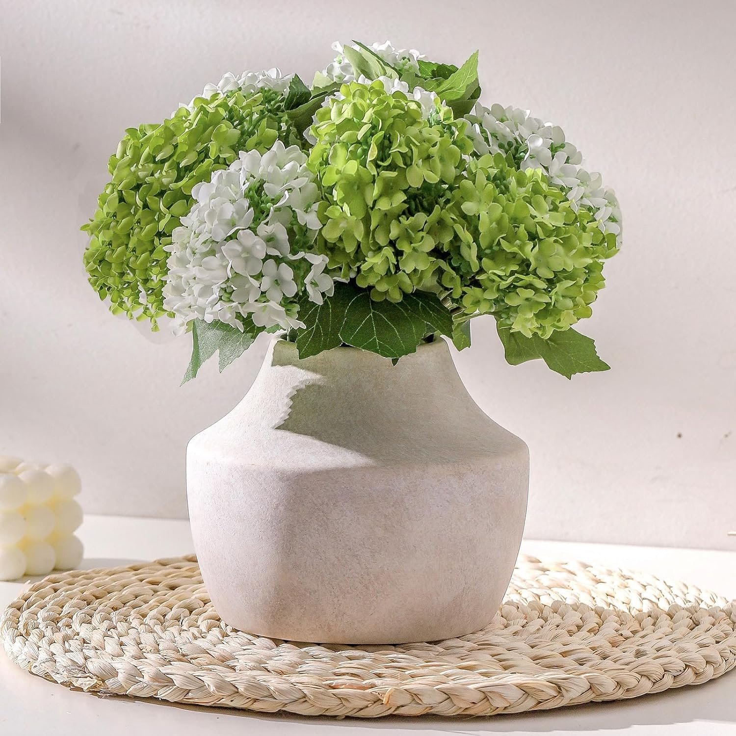 Weathered handmade off-white ceramic bloom jar, small countryside textured pottery holder for lounge areas, tabletops and shelf styling
