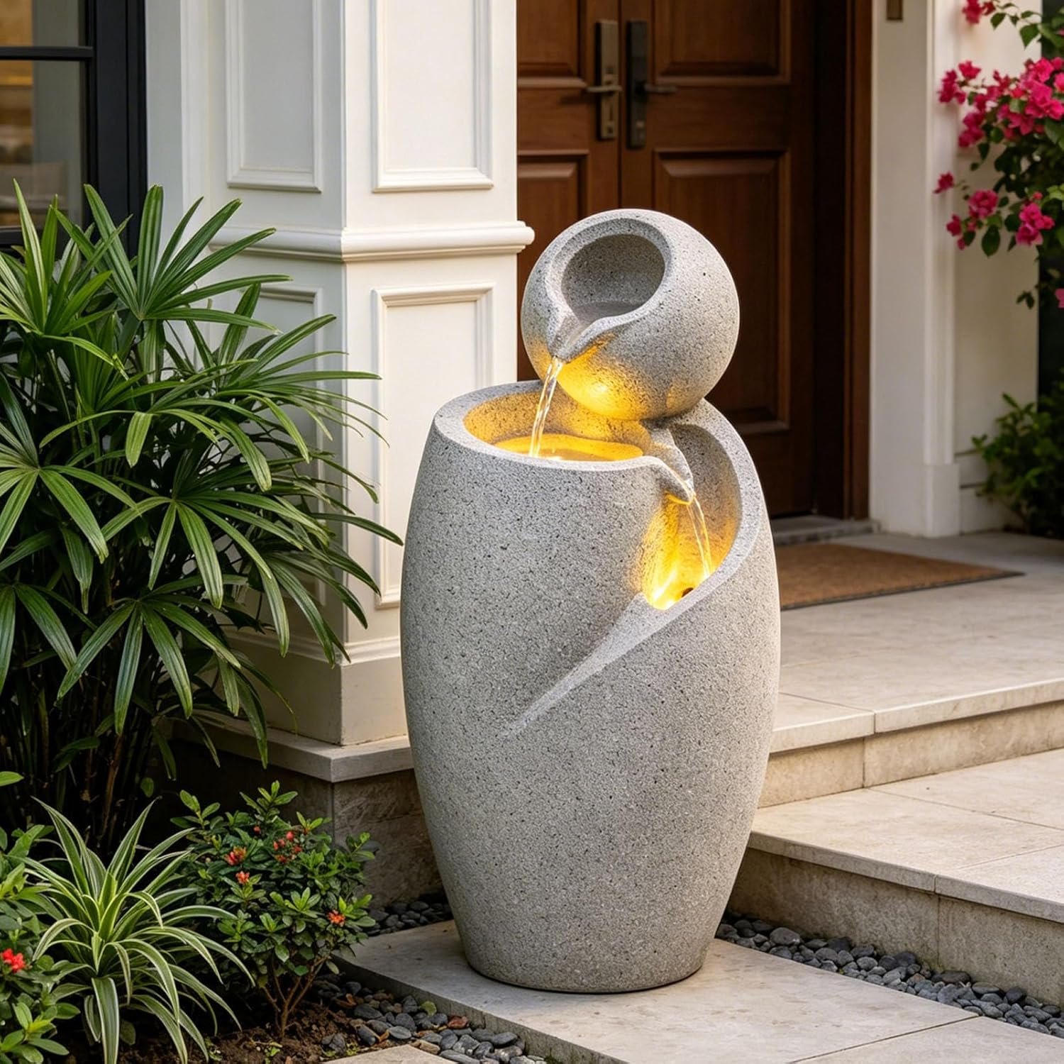 Double layer spherical resin desktop flowing water ornament with soft lighting accents, tranquil styling for indoor rooms, work areas and outdoor yard layouts - Image 2