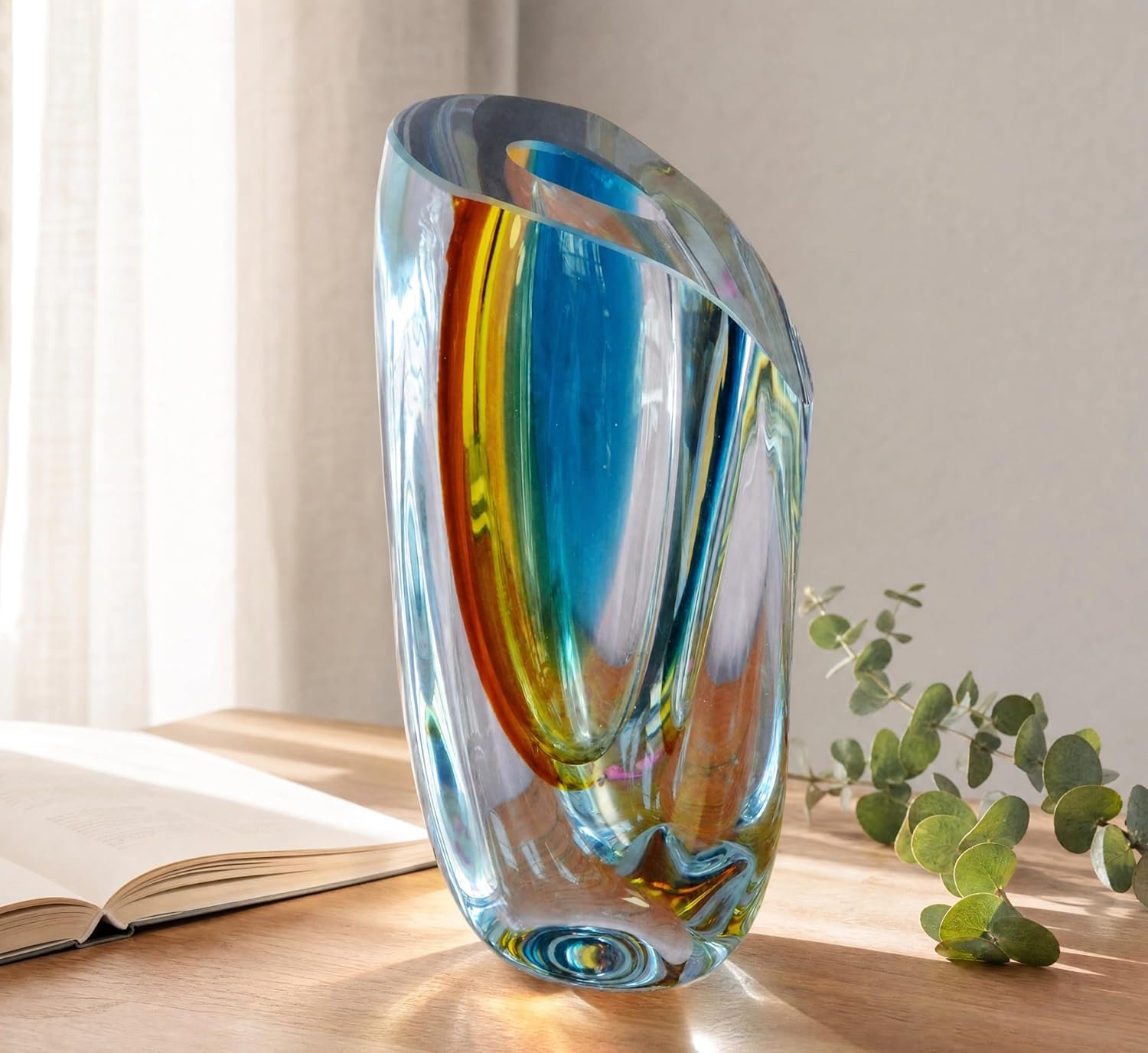 Handblown transparent glass ornament shaped like sailing forms, artistic sculptural decor piece for living room table center arrangements