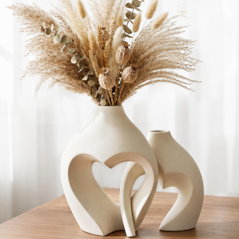 Two-Piece Heart Shaped Ceramic Display Vessels, Light Northern Simple Style Desktop Core Ornaments For Dining Space, Work Area And Indoor Layout